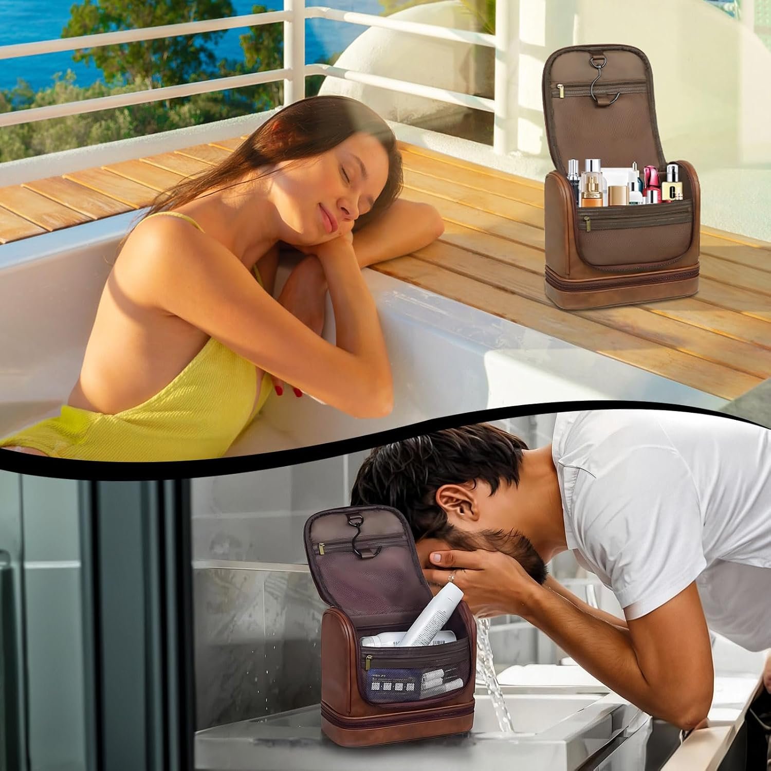 Custom Logo Leather Hanging Travel Toiletry Bag for Men and Women Private Label Waterproof Organizer with Separate Compartments Travel Kit for Gym Camping Men's Gift (Dark Brown) from Factory