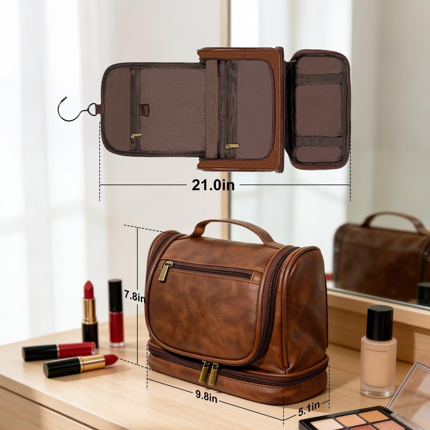 Custom Logo Leather Hanging Travel Toiletry Bag for Men and Women Private Label Waterproof Organizer with Separate Compartments Travel Kit for Gym Camping Men's Gift (Dark Brown) from Factory