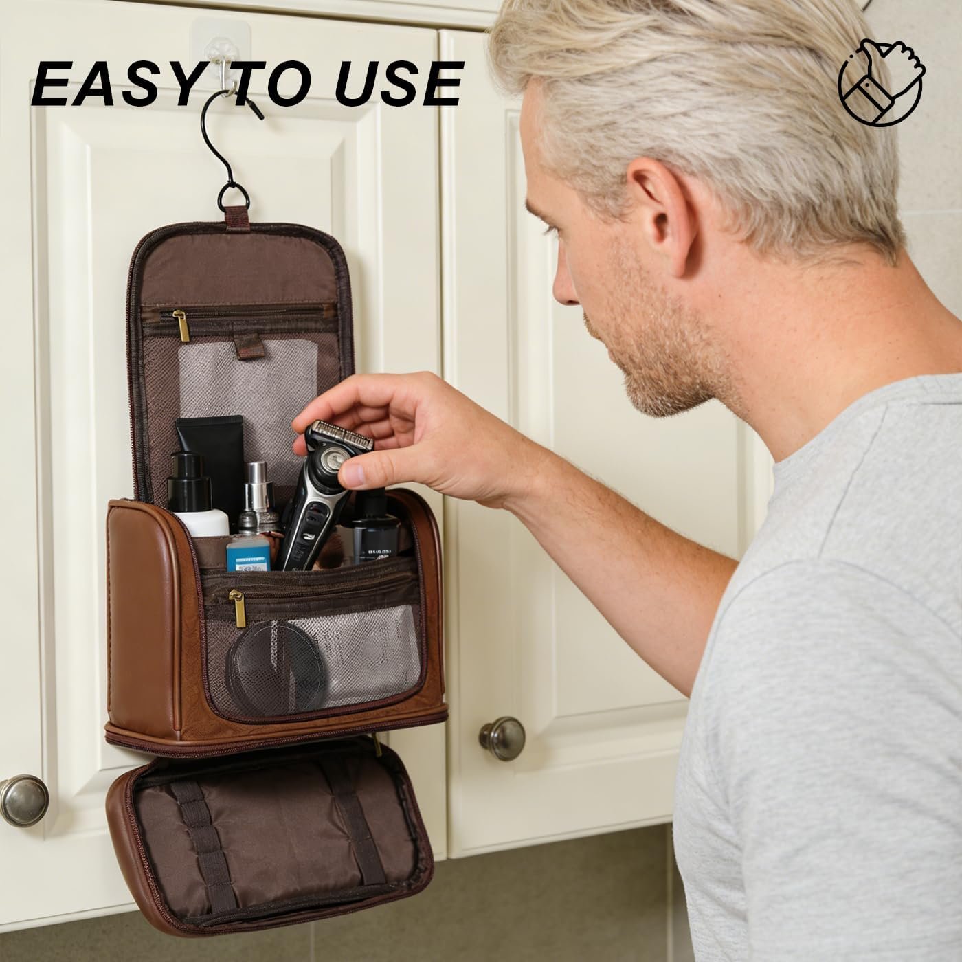Custom Logo Leather Hanging Travel Toiletry Bag for Men and Women Private Label Waterproof Organizer with Separate Compartments Travel Kit for Gym Camping Men's Gift (Dark Brown) from Factory