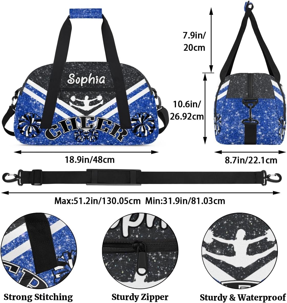Custom Logo Cheerleading Duffel Bag for Girls Private Label Personalized Name Kids Weekend Travel Blue Factory Custom Logo Cheerleading Duffel Bag for Girls Private Label Personalized Name Kids Weekend Travel Blue Factory