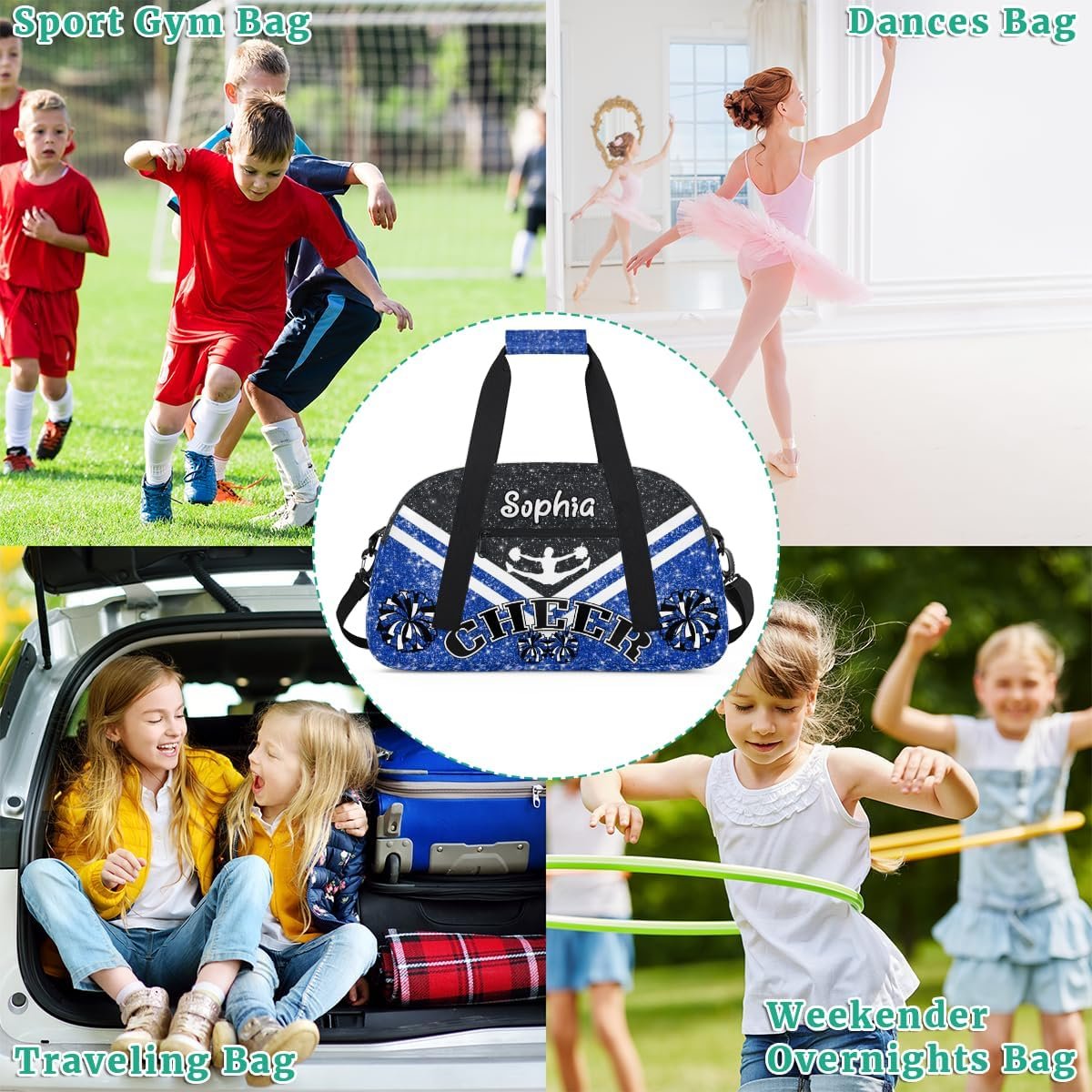 Custom Logo Cheerleading Duffel Bag for Girls Private Label Personalized Name Kids Weekend Travel Blue Factory Custom Logo Cheerleading Duffel Bag for Girls Private Label Personalized Name Kids Weekend Travel Blue Factory
