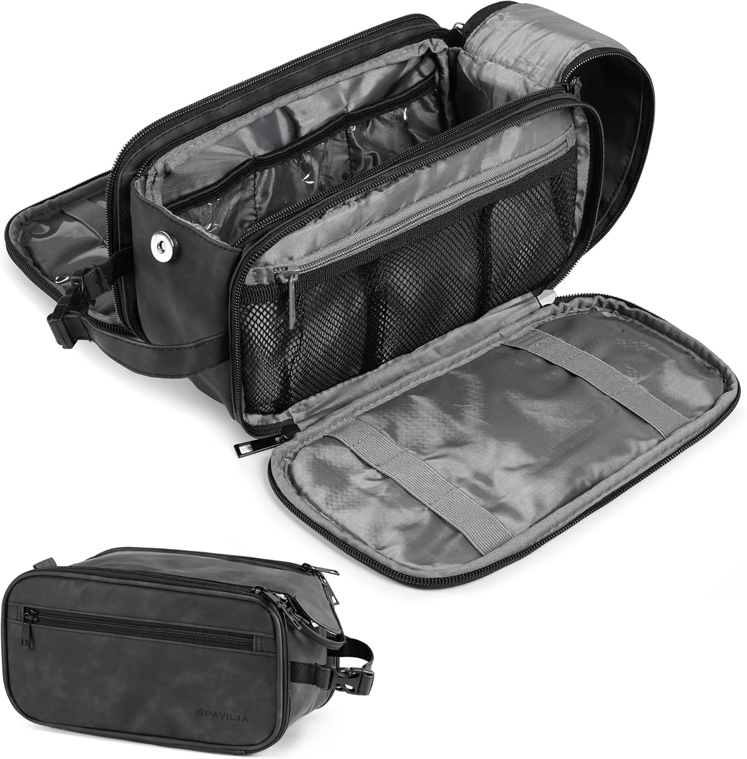 Factory Toiletry Bag for Men Women Private Label Travel Toiletries Organizer Grooming Shaving Dopp Kit Custom Logo PU Leather Water Resistant Cosmetic Pouch Black