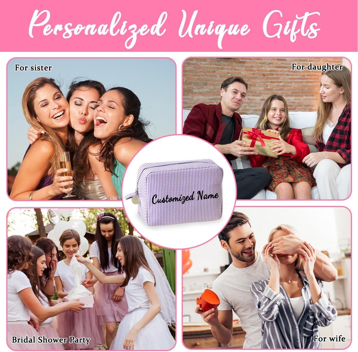 Private Label Seersucker Personalized Cosmetic Bag Embroidered Name Custom Logo Monogrammed Makeup Travel Toiletry Pouch for Women and Girls Yellow Manufacturer