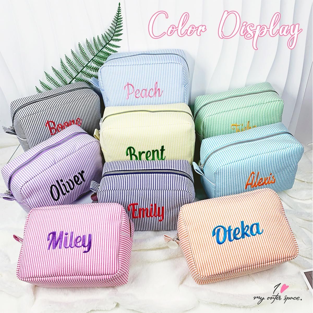 Private Label Seersucker Personalized Cosmetic Bag Embroidered Name Custom Logo Monogrammed Makeup Travel Toiletry Pouch for Women and Girls Yellow Manufacturer