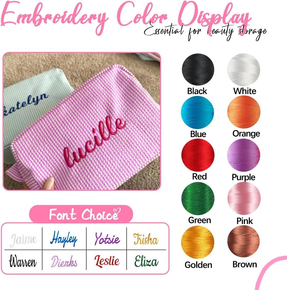 Private Label Seersucker Personalized Cosmetic Bag Embroidered Name Custom Logo Monogrammed Makeup Travel Toiletry Pouch for Women and Girls Yellow Manufacturer