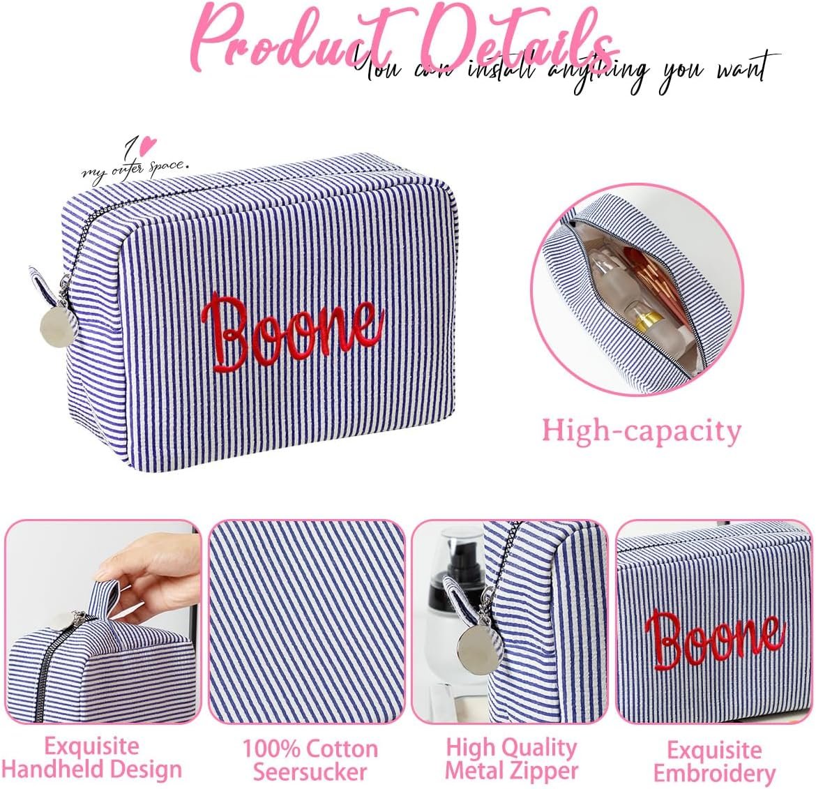 Private Label Seersucker Personalized Cosmetic Bag Embroidered Name Custom Logo Monogrammed Makeup Travel Toiletry Pouch for Women and Girls Yellow Manufacturer