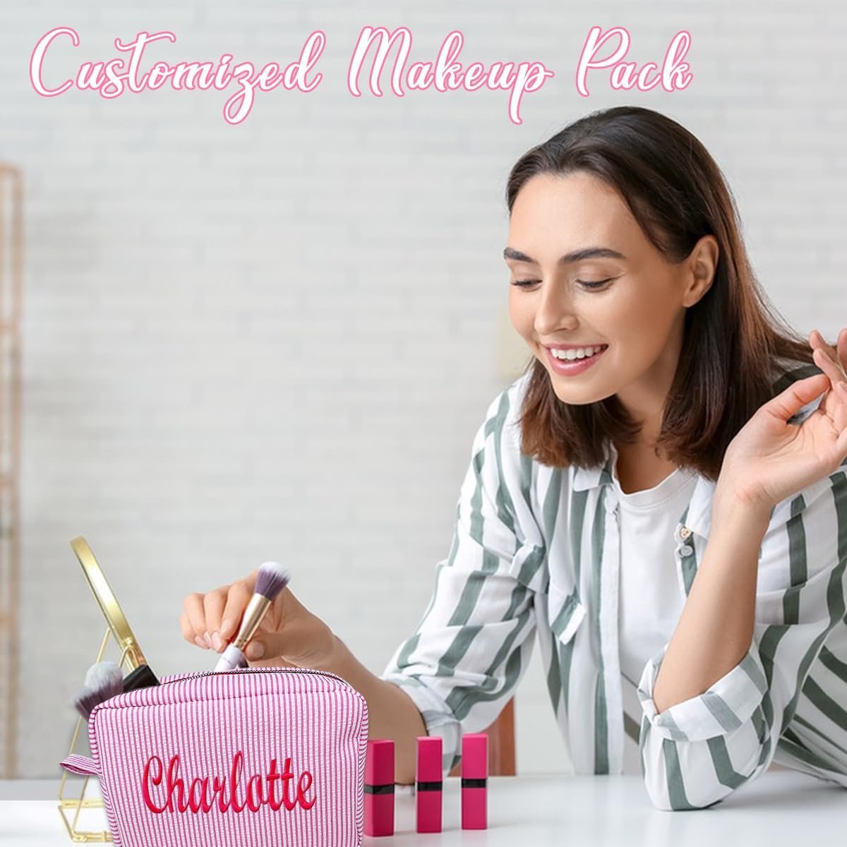 Private Label Seersucker Personalized Cosmetic Bag Embroidered Name Custom Logo Monogrammed Makeup Travel Toiletry Pouch for Women and Girls Yellow Manufacturer