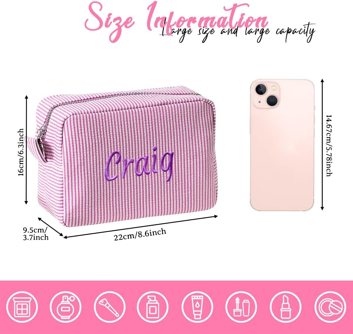 Private Label Seersucker Personalized Cosmetic Bag Embroidered Name Custom Logo Monogrammed Makeup Travel Toiletry Pouch for Women and Girls Yellow Manufacturer