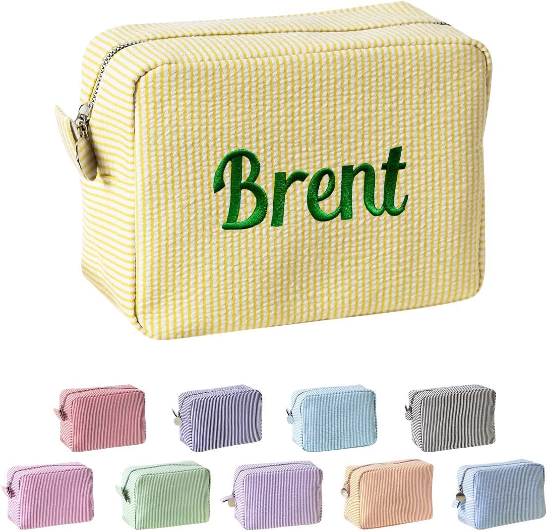 Private Label Seersucker Personalized Cosmetic Bag Embroidered Name Custom Logo Monogrammed Makeup Travel Toiletry Pouch for Women and Girls Yellow Manufacturer