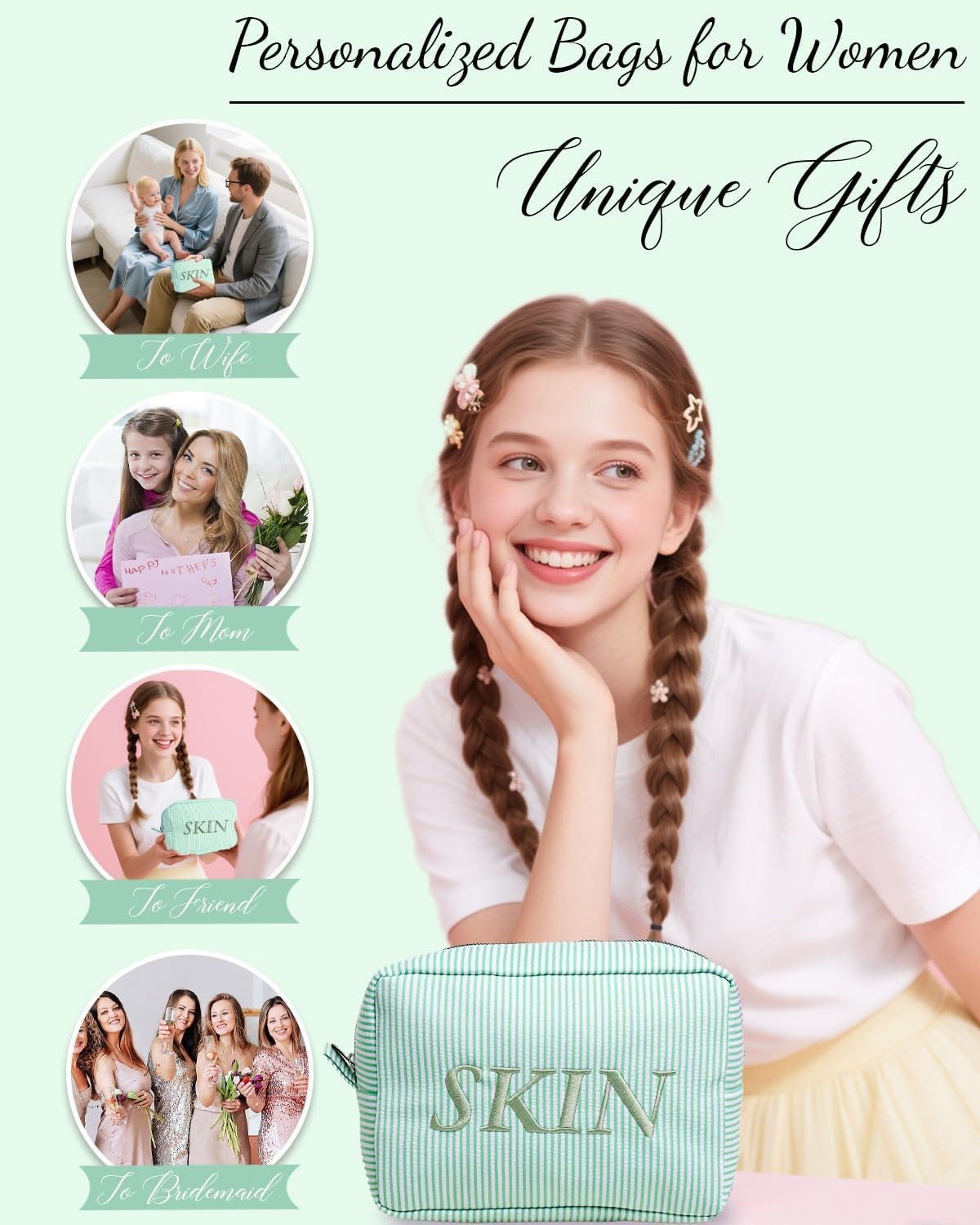 Private Label Seersucker Monogram Makeup Bag with Custom Logo Personalized Name Large Capacity Cotton Toiletry Cosmetic Pouch Green Manufacturer Graduation Wedding Gifts for Girls Bridesmaids Women