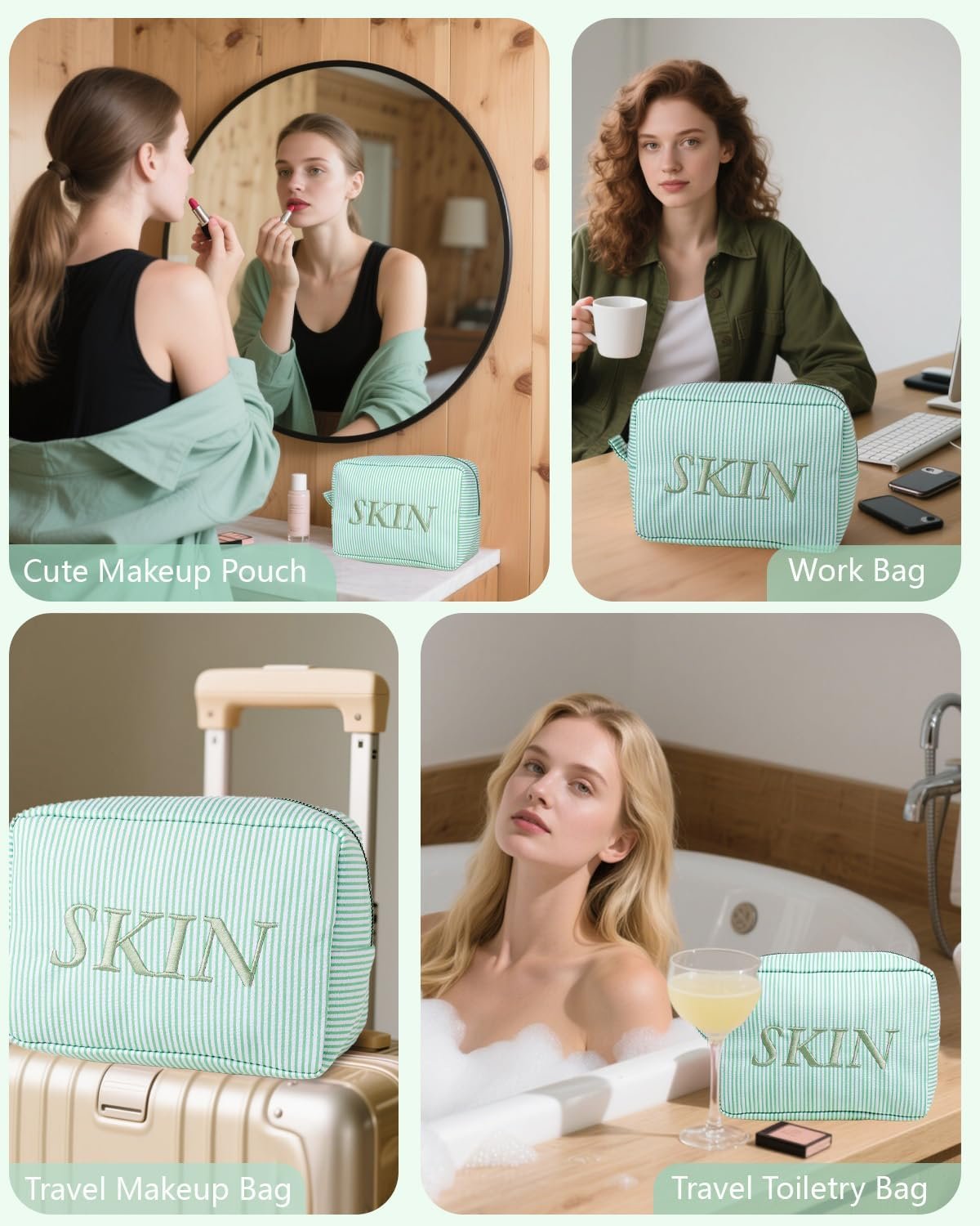 Private Label Seersucker Monogram Makeup Bag with Custom Logo Personalized Name Large Capacity Cotton Toiletry Cosmetic Pouch Green Manufacturer Graduation Wedding Gifts for Girls Bridesmaids Women