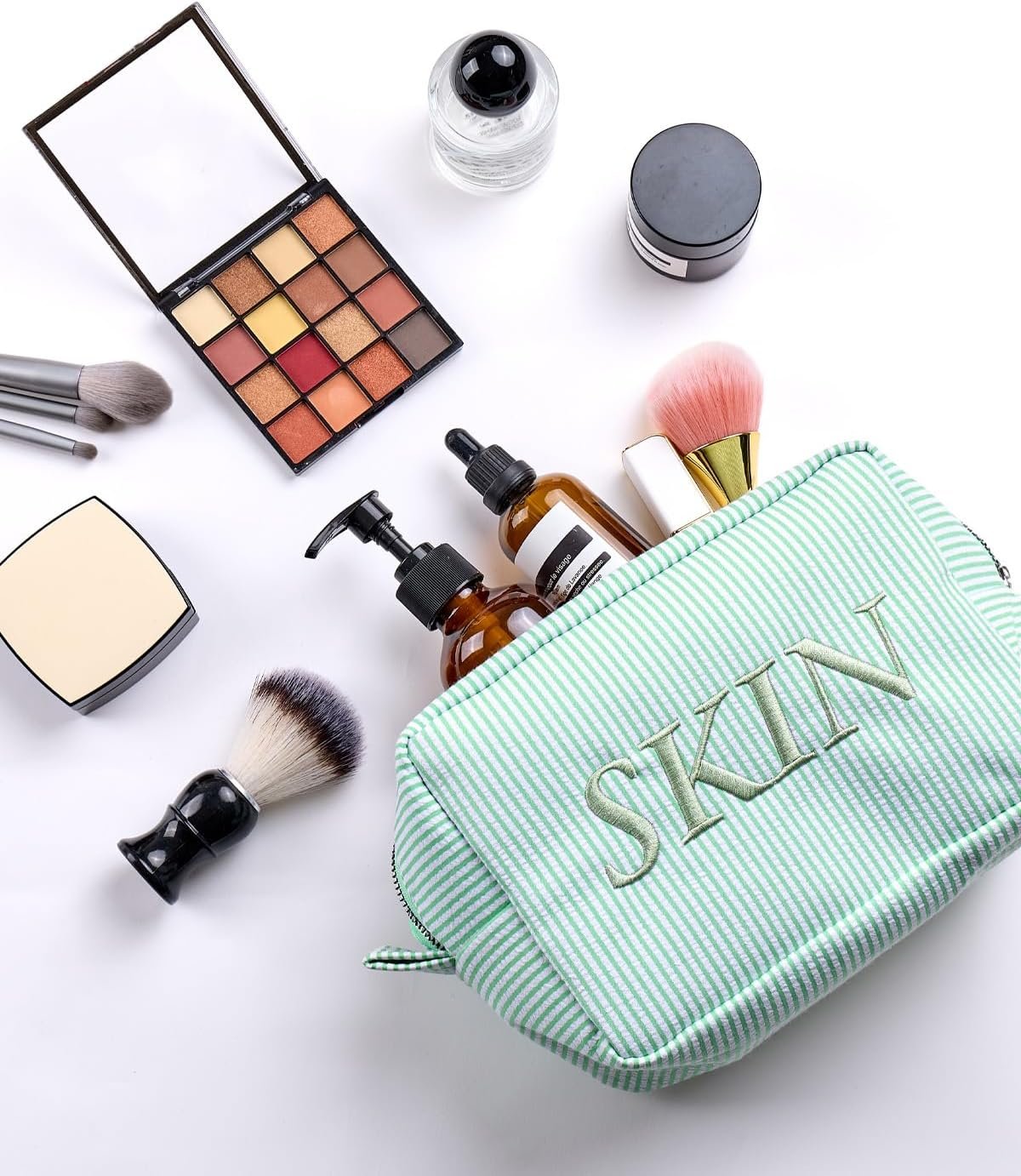 Private Label Seersucker Monogram Makeup Bag with Custom Logo Personalized Name Large Capacity Cotton Toiletry Cosmetic Pouch Green Manufacturer Graduation Wedding Gifts for Girls Bridesmaids Women
