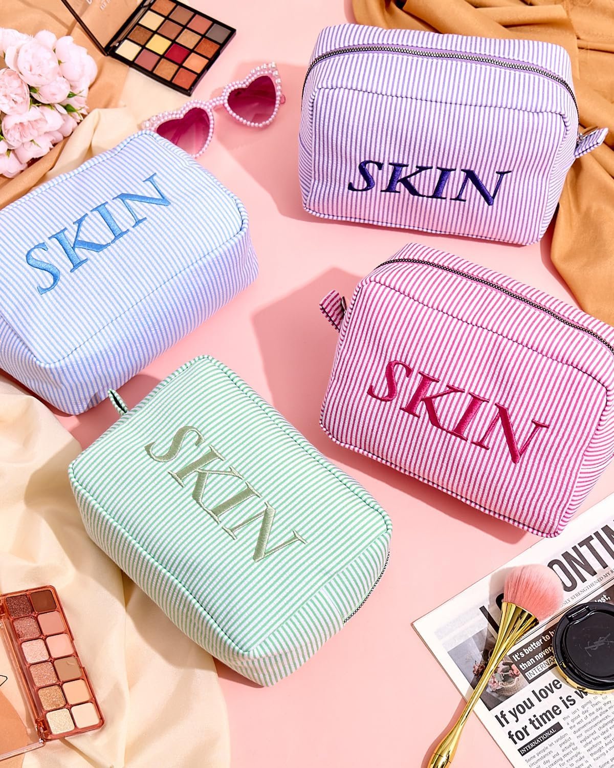 Private Label Seersucker Monogram Makeup Bag with Custom Logo Personalized Name Large Capacity Cotton Toiletry Cosmetic Pouch Green Manufacturer Graduation Wedding Gifts for Girls Bridesmaids Women