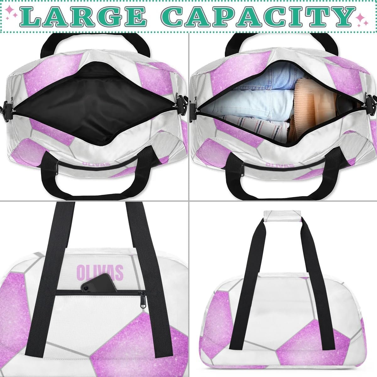 Private Label Kids Duffel Sport Gym Weekender Carry On Travel Bag Custom Logo Purple White Soccer Factory Gift for Girls Boys