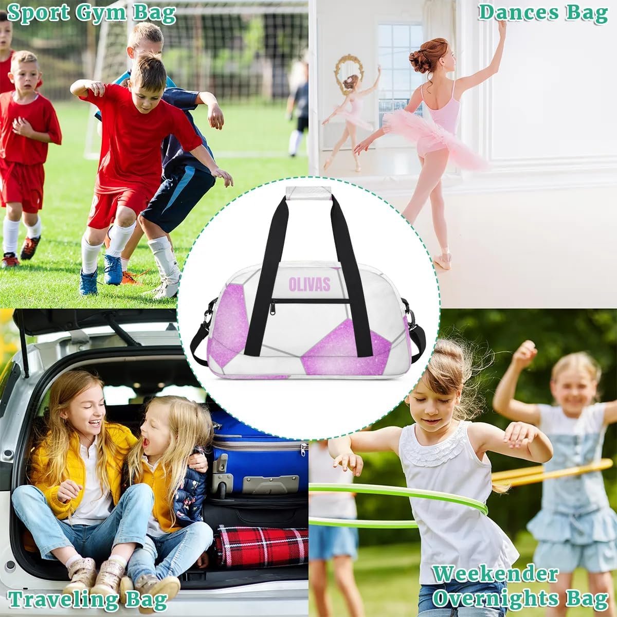 Private Label Kids Duffel Sport Gym Weekender Carry On Travel Bag Custom Logo Purple White Soccer Factory Gift for Girls Boys