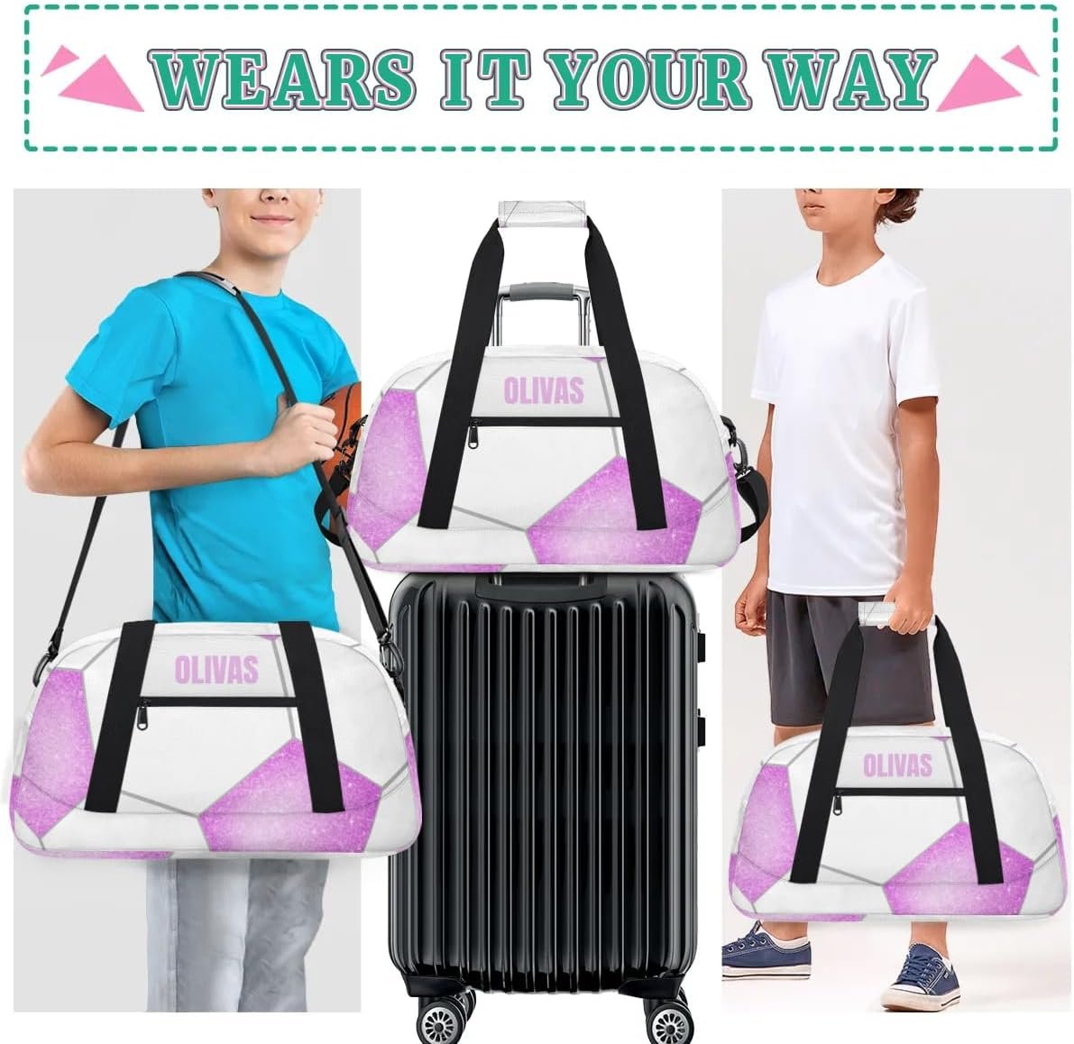 Private Label Kids Duffel Sport Gym Weekender Carry On Travel Bag Custom Logo Purple White Soccer Factory Gift for Girls Boys