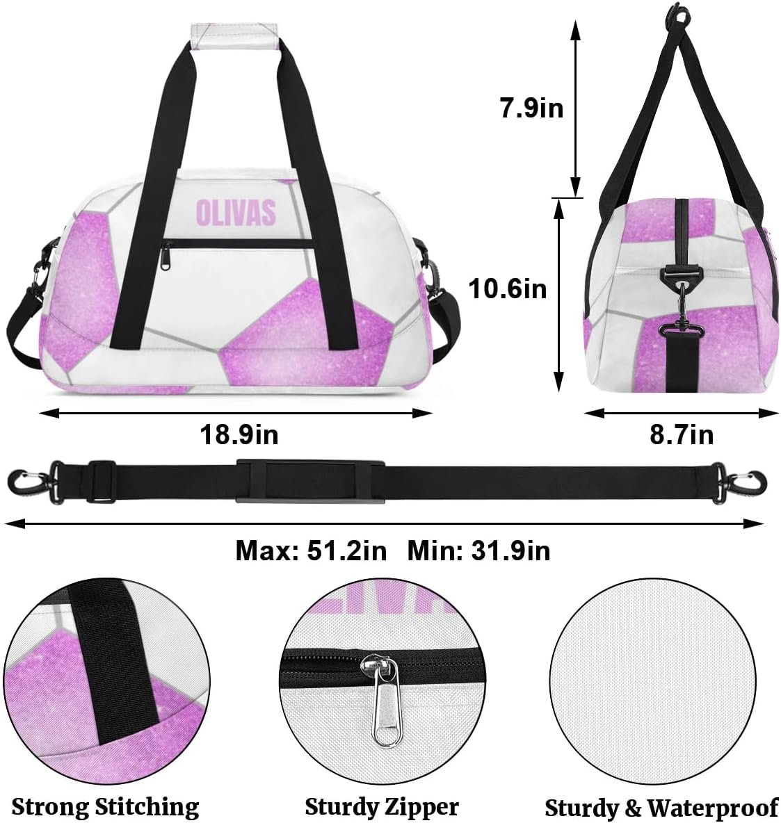 Private Label Kids Duffel Sport Gym Weekender Carry On Travel Bag Custom Logo Purple White Soccer Factory Gift for Girls Boys