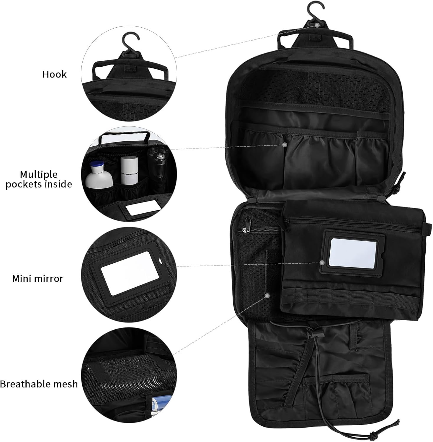 Private Label Tactical Toiletry Bag Hanging Organizer for Men and Women - Dopp Kit Shaving Bag with Custom Logo, Manufacturer Toiletries Bag for Short Trips Camping - Black