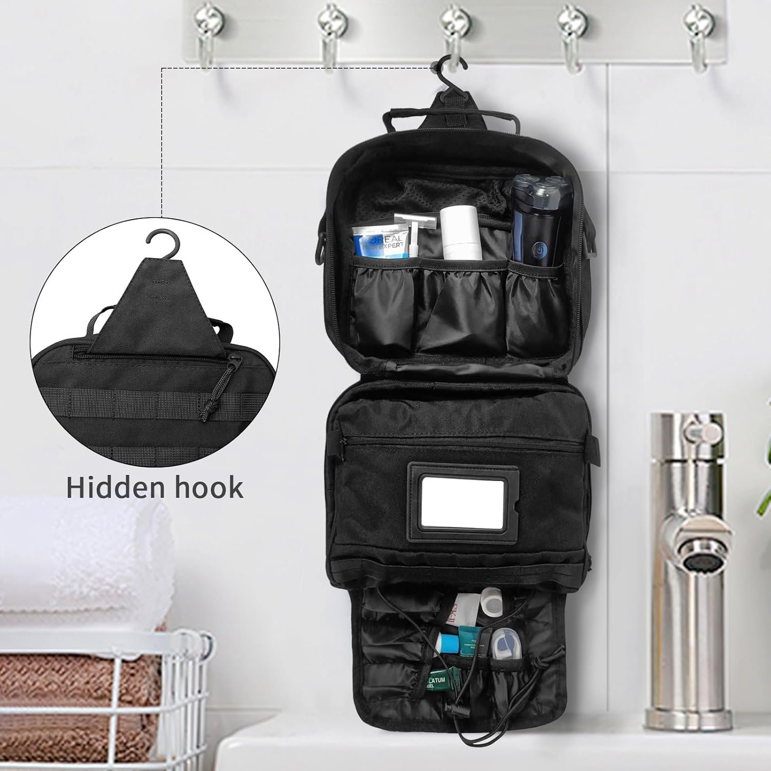 Private Label Tactical Toiletry Bag Hanging Organizer for Men and Women - Dopp Kit Shaving Bag with Custom Logo, Manufacturer Toiletries Bag for Short Trips Camping - Black