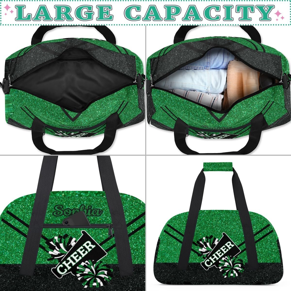 Private Label Personalized Cheerleading Duffel Bag for Girls Sport Gym Weekender with Custom Logo and Name Glitter Green Black Manufacturer