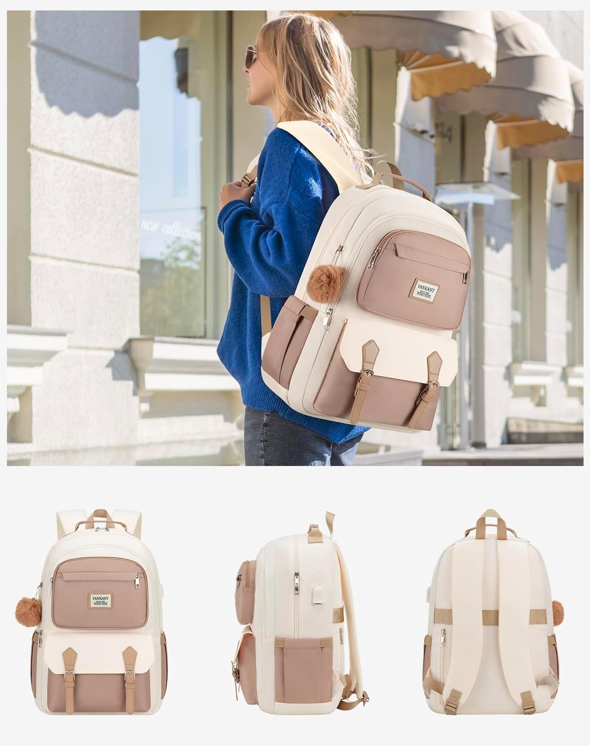 Custom Logo School Backpack for Teen Girls Aesthetic Factory Schoolbag for Middle and High School Cute Laptop Bookbag for College Women Students Mochilas Niñas Private Label Khaki Beige