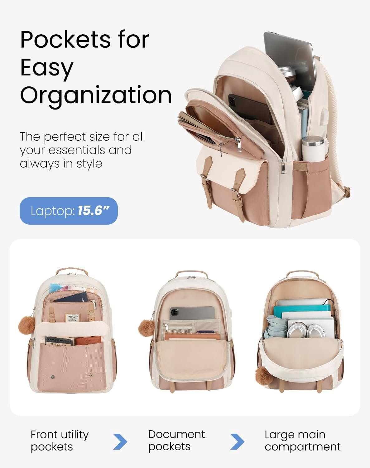 Custom Logo School Backpack for Teen Girls Aesthetic Factory Schoolbag for Middle and High School Cute Laptop Bookbag for College Women Students Mochilas Niñas Private Label Khaki Beige