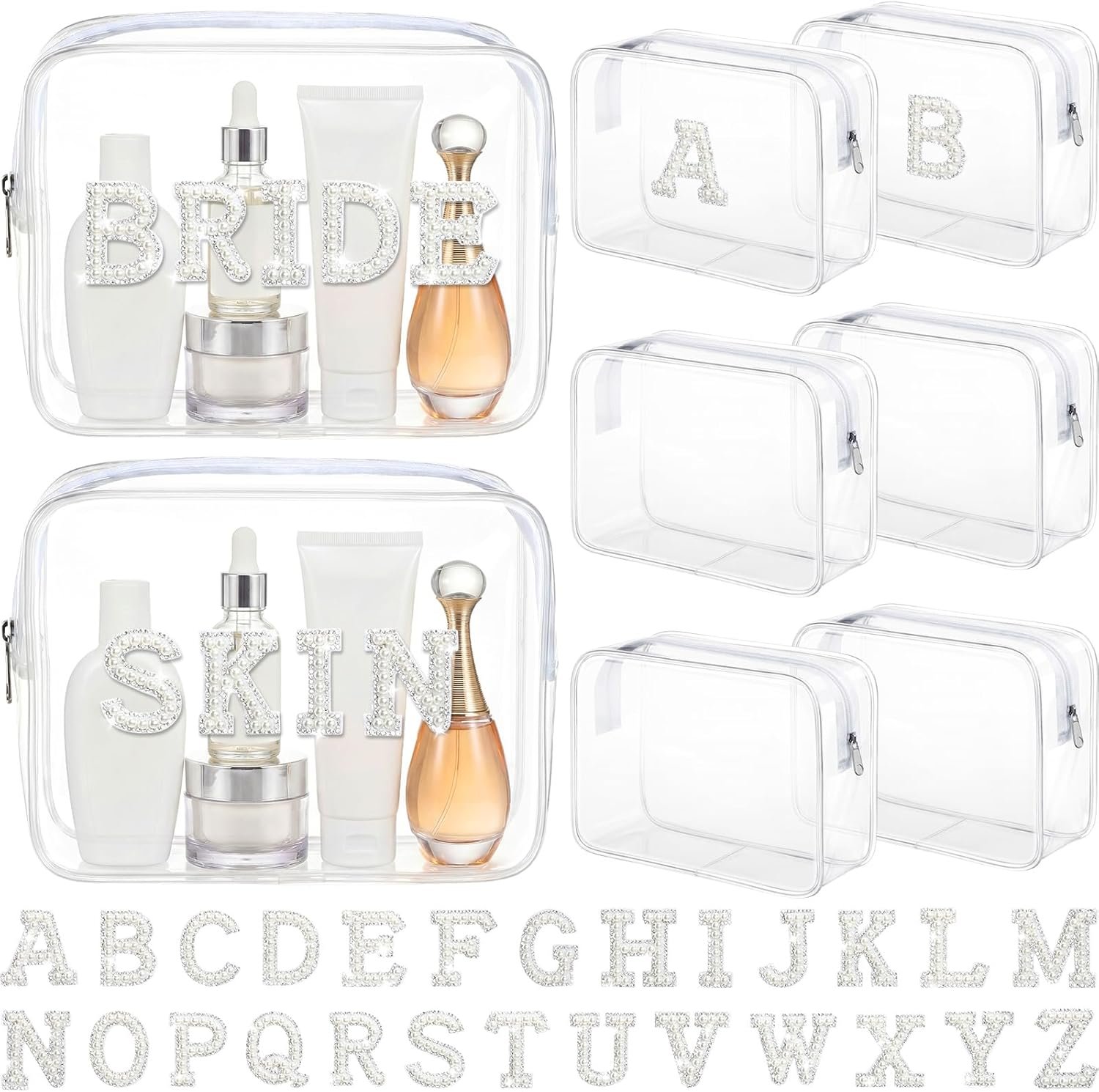 Private Label 8 Pcs Clear Makeup Bags Preppy Custom Logo Bridesmaid Gifts Waterproof EVA Travel Cosmetics Toiletry Bags with A-Z Pearl Letter Patches for Weddings Bachelorette Parties Bridal Showers Manufacturer