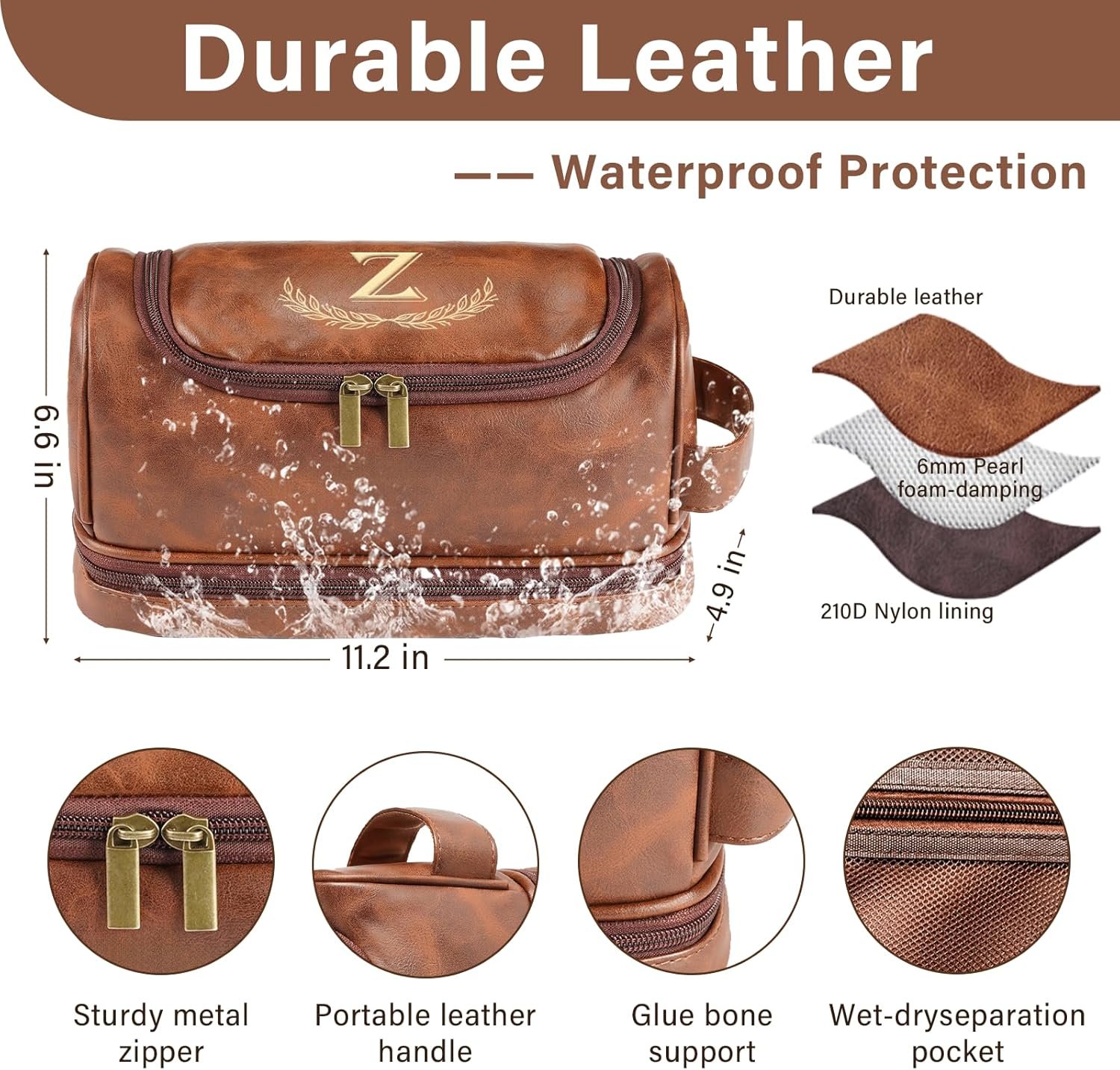 Private Label Personalized Initial Toiletry Bag for Men - Custom Logo Laser Engraved Monogram Leather Travel Kit Shaving Organizer - Direct from Factory