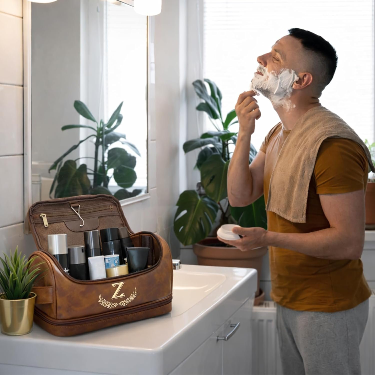 Private Label Personalized Initial Toiletry Bag for Men - Custom Logo Laser Engraved Monogram Leather Travel Kit Shaving Organizer - Direct from Factory