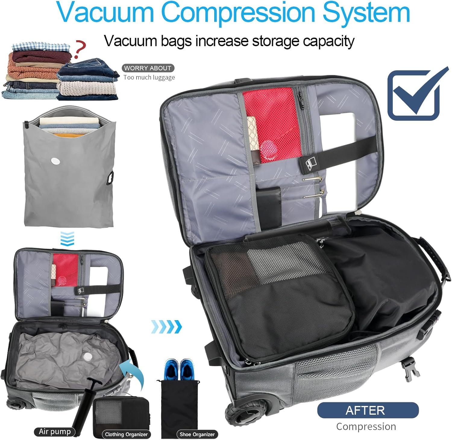 Custom Logo Wheeled Rolling Backpack with 2 Packing Cubes Compression Bags Laptop Compartment Private Label Water Resistant Luggage Suitcase for Air Travel Weekend Trips Manufacturer (Grey)