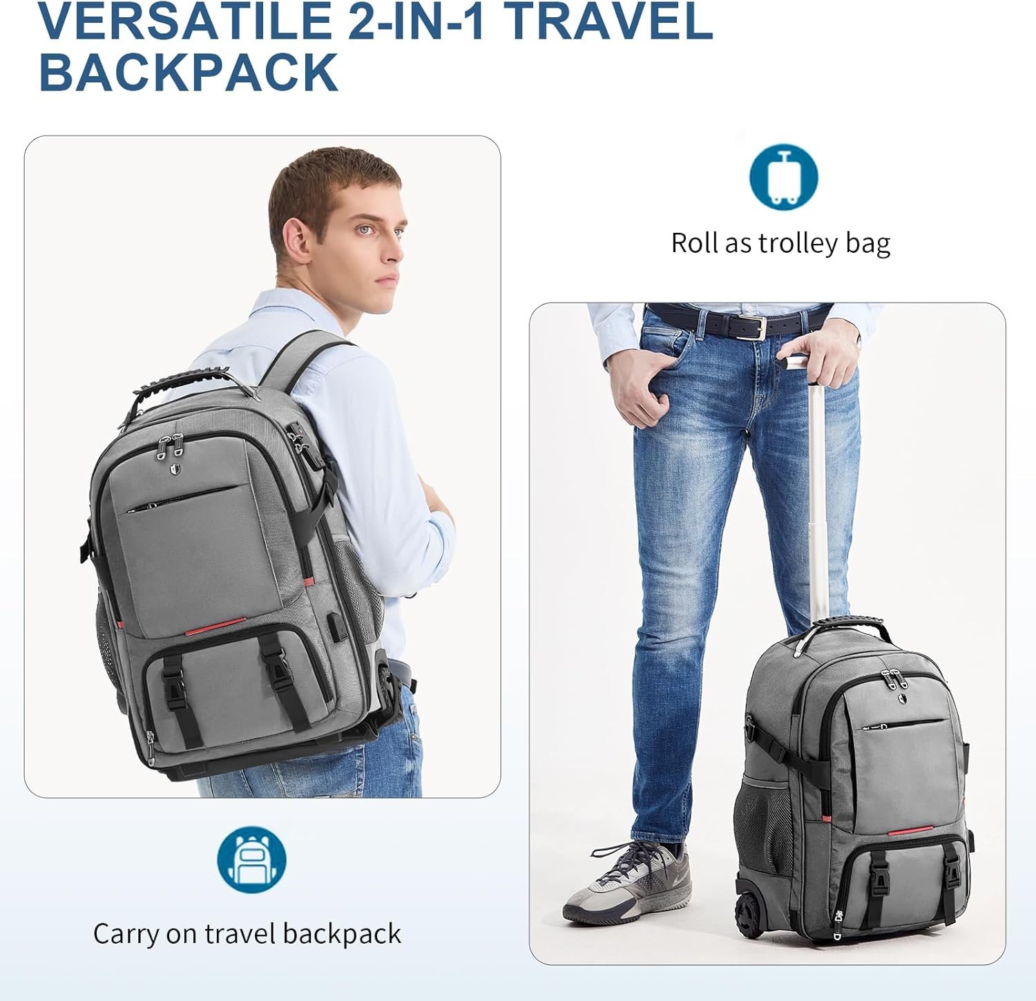 Custom Logo Wheeled Rolling Backpack with 2 Packing Cubes Compression Bags Laptop Compartment Private Label Water Resistant Luggage Suitcase for Air Travel Weekend Trips Manufacturer (Grey)