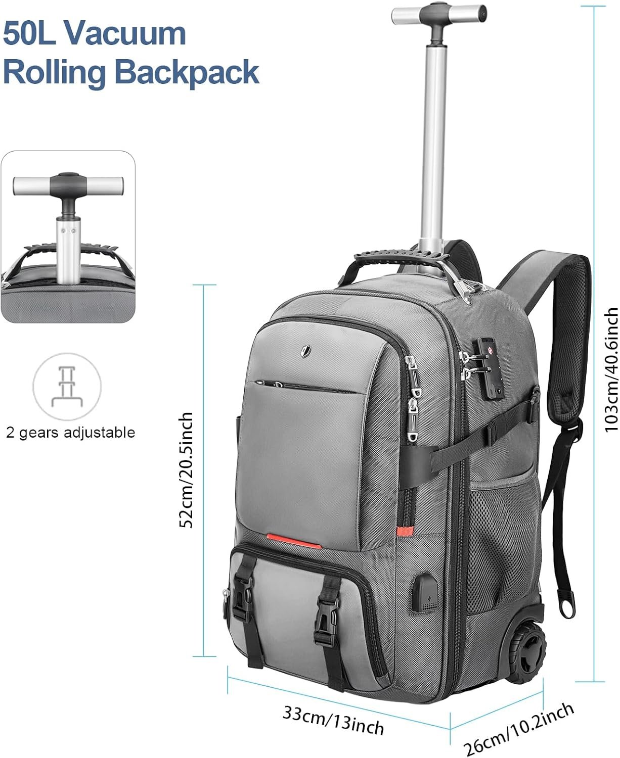 Custom Logo Wheeled Rolling Backpack with 2 Packing Cubes Compression Bags Laptop Compartment Private Label Water Resistant Luggage Suitcase for Air Travel Weekend Trips Manufacturer (Grey)
