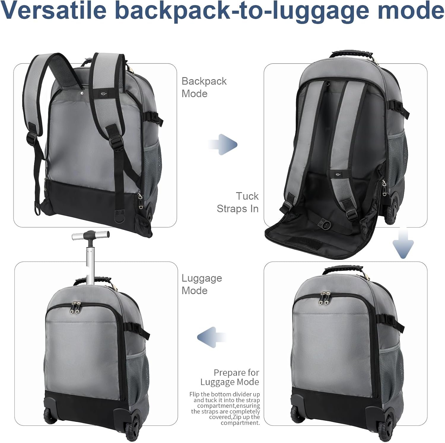 Custom Logo Wheeled Rolling Backpack with 2 Packing Cubes Compression Bags Laptop Compartment Private Label Water Resistant Luggage Suitcase for Air Travel Weekend Trips Manufacturer (Grey)