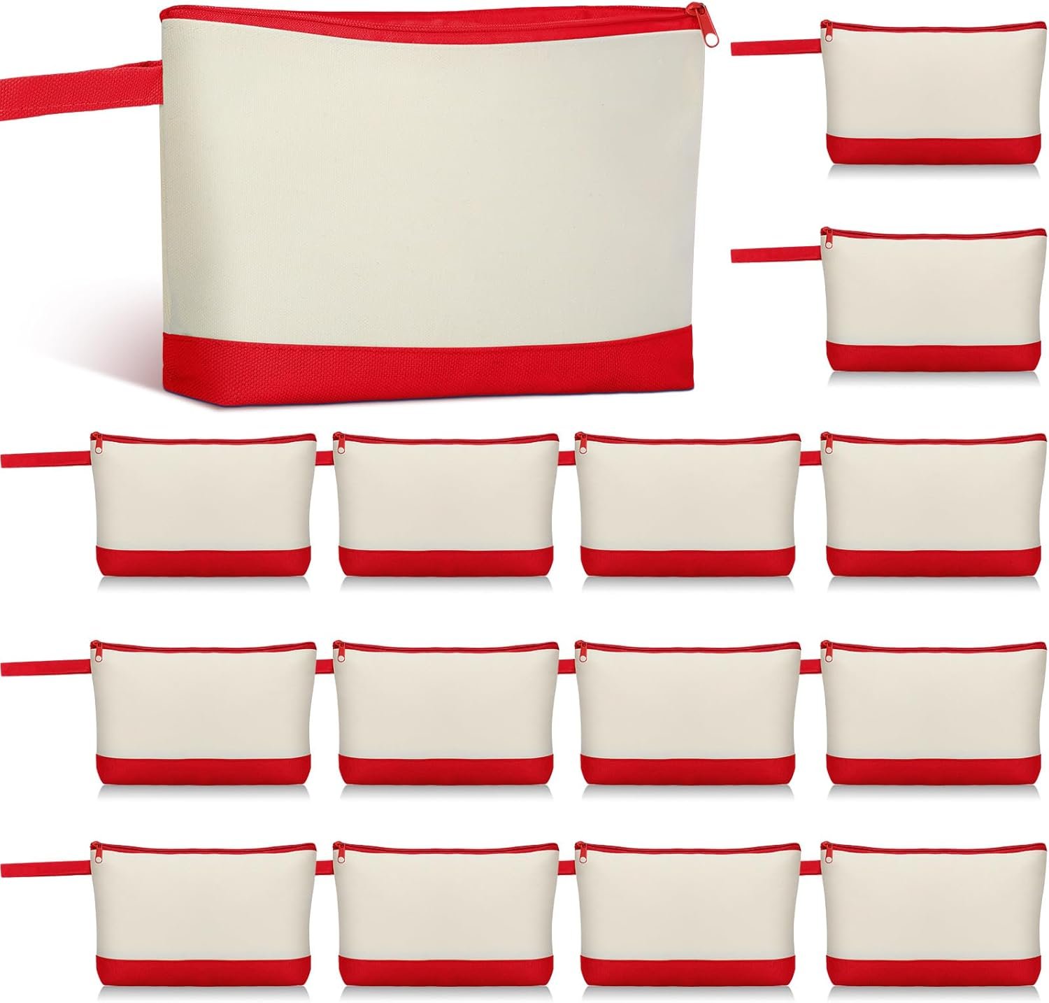 Private Label 15 Pcs Cotton Canvas Zipper Makeup Cosmetic Bags 10.2 x 5.5 x 2 Inches Custom Logo Blank DIY Pouch Bulk with Bottom for Pencil Case Travel Toiletry Women Beige Red Manufacturer