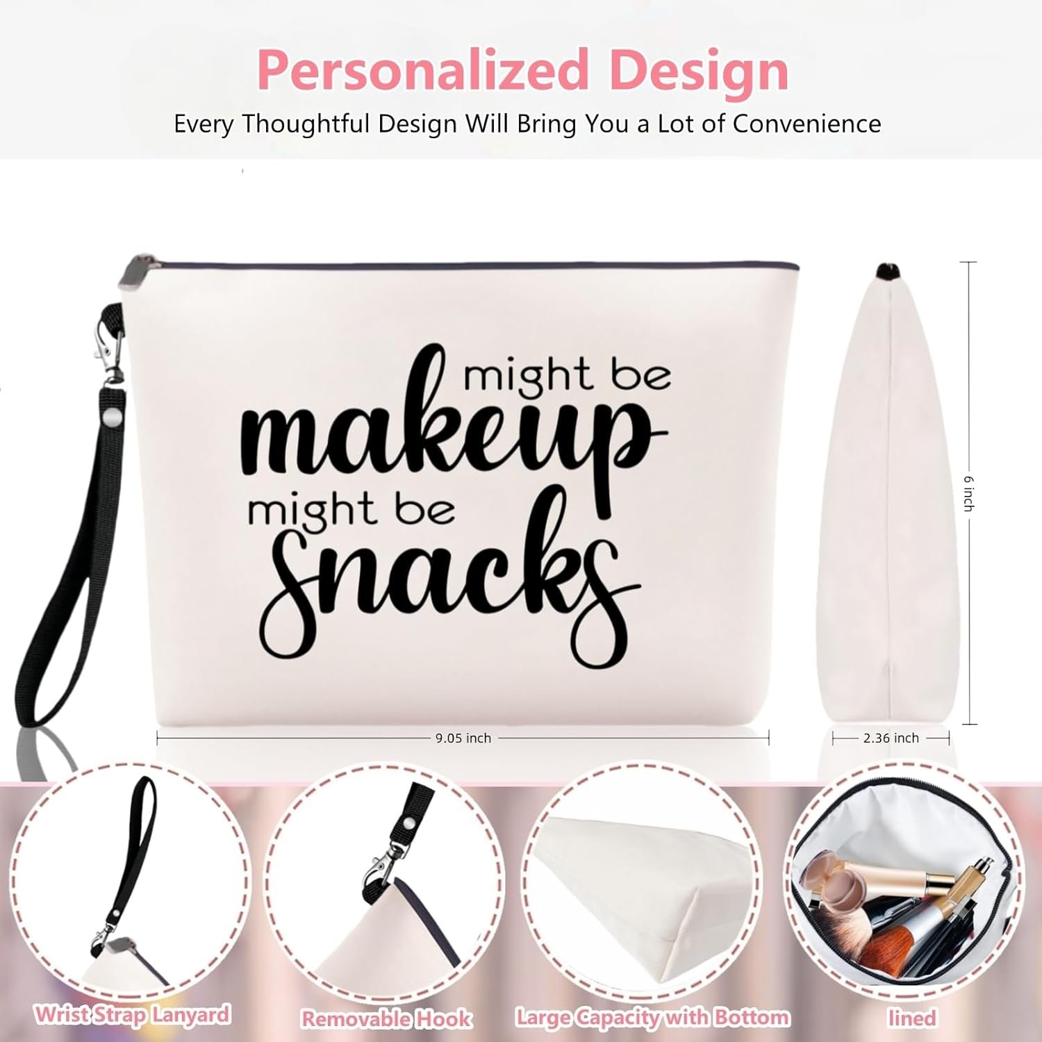 Custom Logo Canvas Makeup Bag with Wristband Lanyards for Women Private Label Multi-Purpose Travel Toiletry Snack Cosmetic Bag Factory