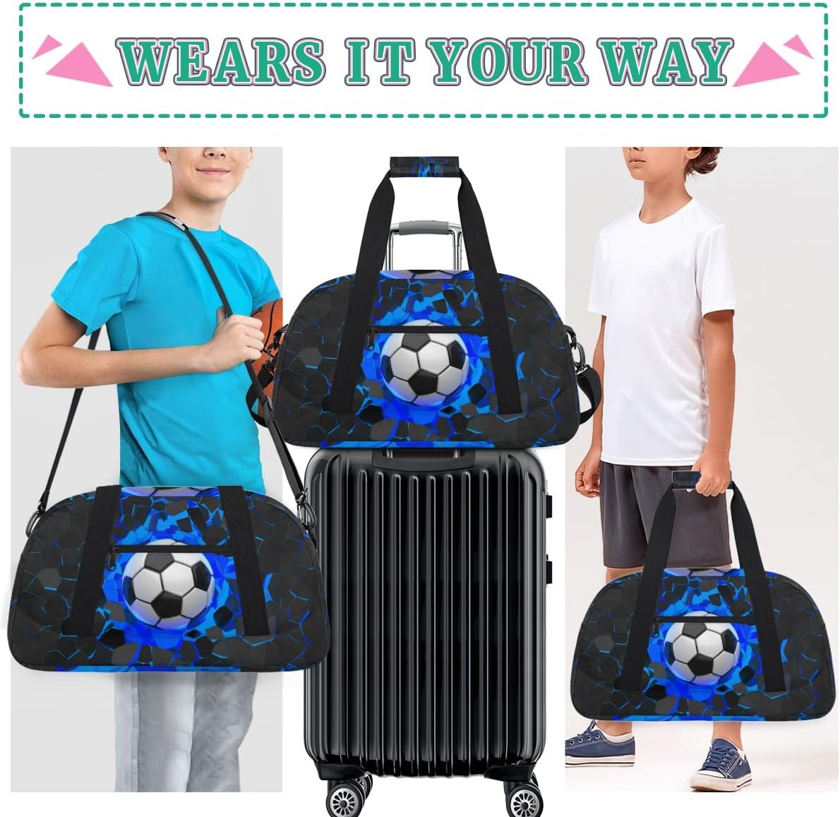 Custom Logo Kids Boys Soccer Ball Blue Black Gym Duffel Sports Bag Private Label Fitness Travel Weekender Tote Carry-On Training Bag Manufacturer