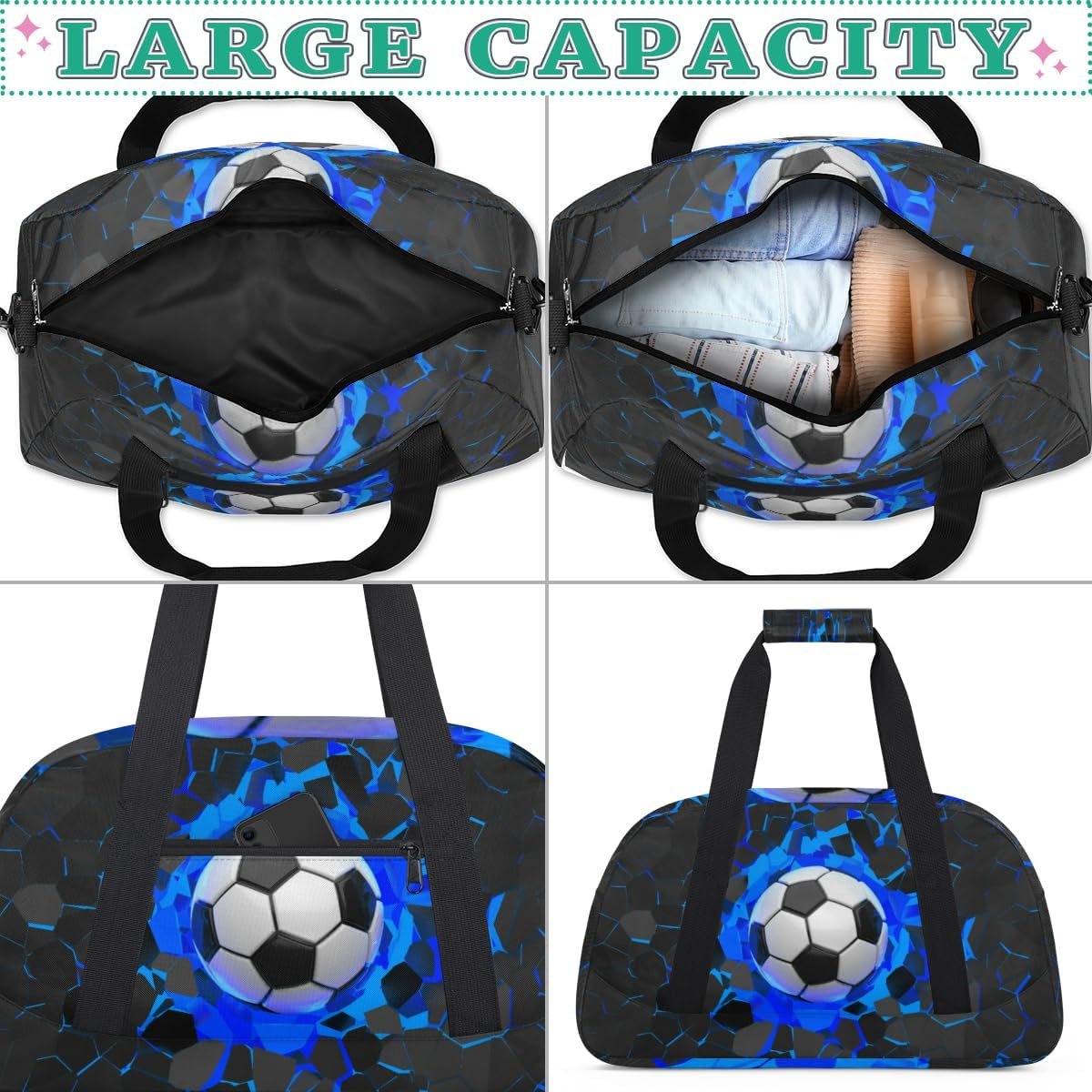 Custom Logo Kids Boys Soccer Ball Blue Black Gym Duffel Sports Bag Private Label Fitness Travel Weekender Tote Carry-On Training Bag Manufacturer