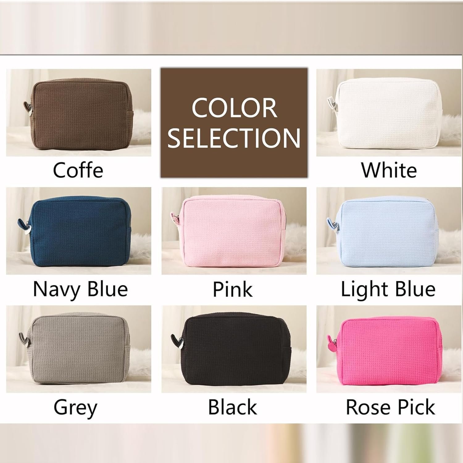 Private Label Personalized Waffle Makeup Toiletry Bag Custom Logo Initials Embroidered White Modern Bridal Bridesmaid Gift Manufacturer