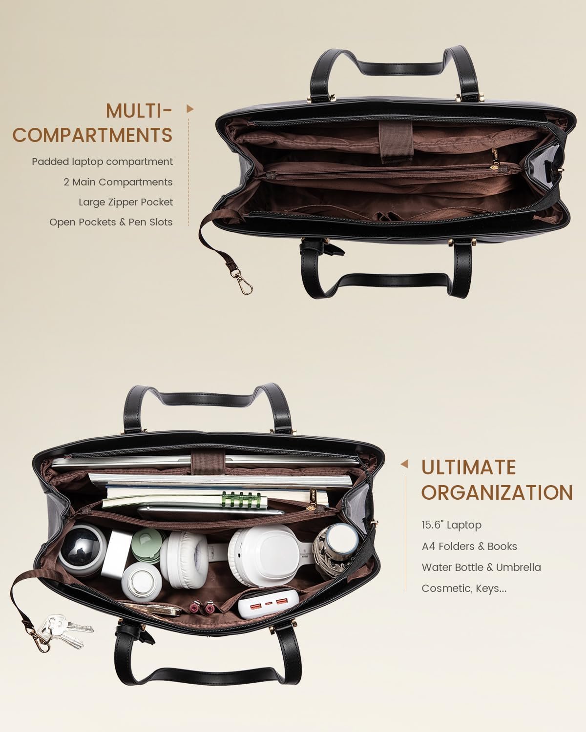 Private Label Laptop Tote Bag for Women, Work Teacher Bag with Custom Logo, Leather Professional Briefcase Fits 15.6 Inch Laptop Large Black from Factory