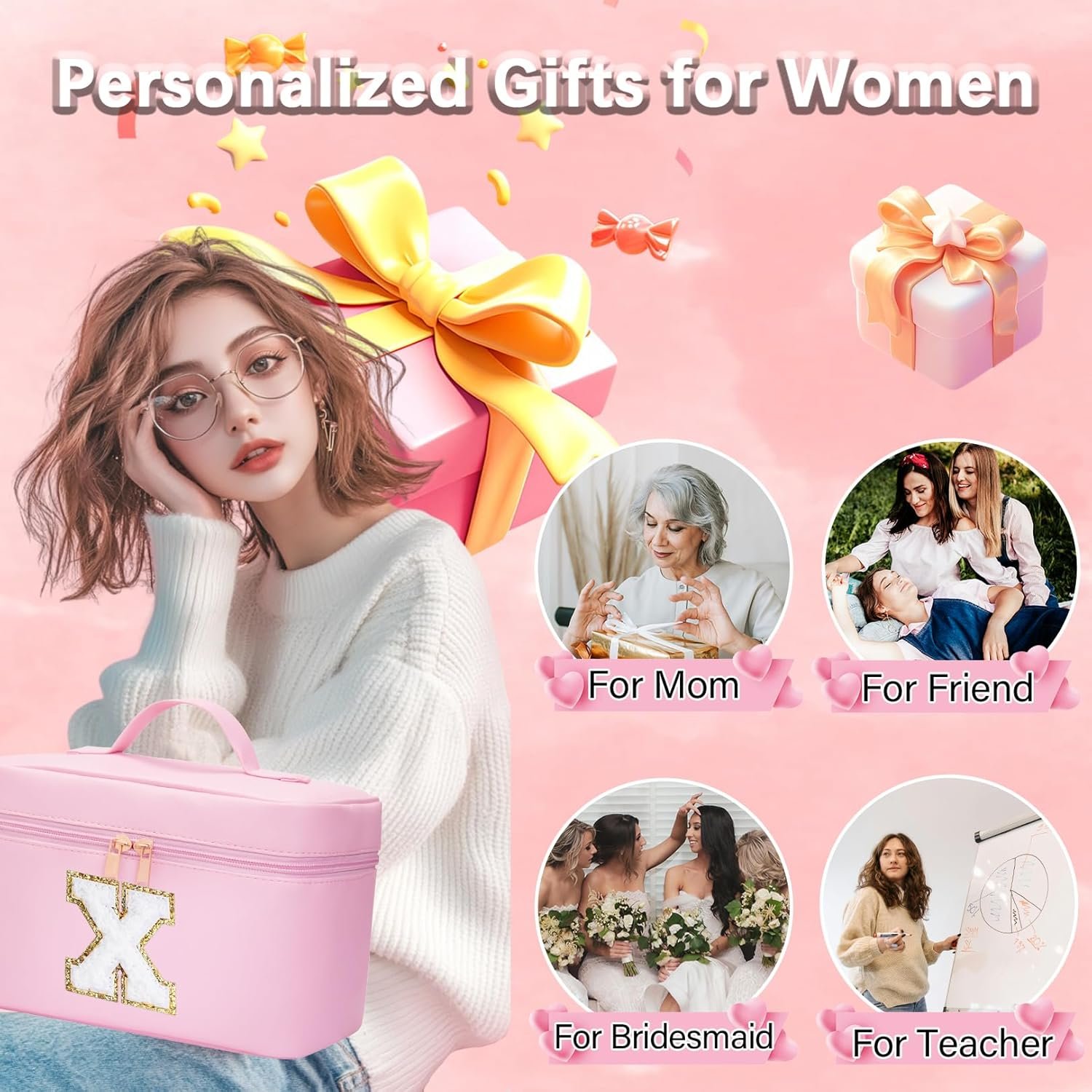 Private Label 2pcs Initial Leather Makeup Cosmetic Toiletry Bags Custom Logo Personalized Monogram Manufacturer Birthday Gifts for Girls Ages 4-12 (G)