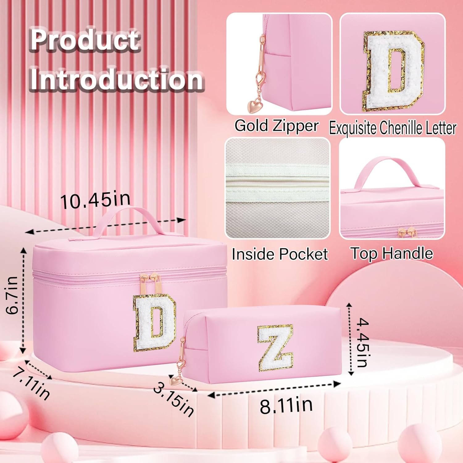 Private Label 2pcs Initial Leather Makeup Cosmetic Toiletry Bags Custom Logo Personalized Monogram Manufacturer Birthday Gifts for Girls Ages 4-12 (G)