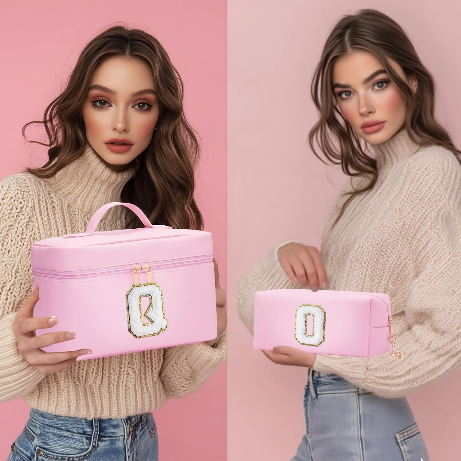 Private Label 2pcs Initial Leather Makeup Cosmetic Toiletry Bags Custom Logo Personalized Monogram Manufacturer Birthday Gifts for Girls Ages 4-12 (G)