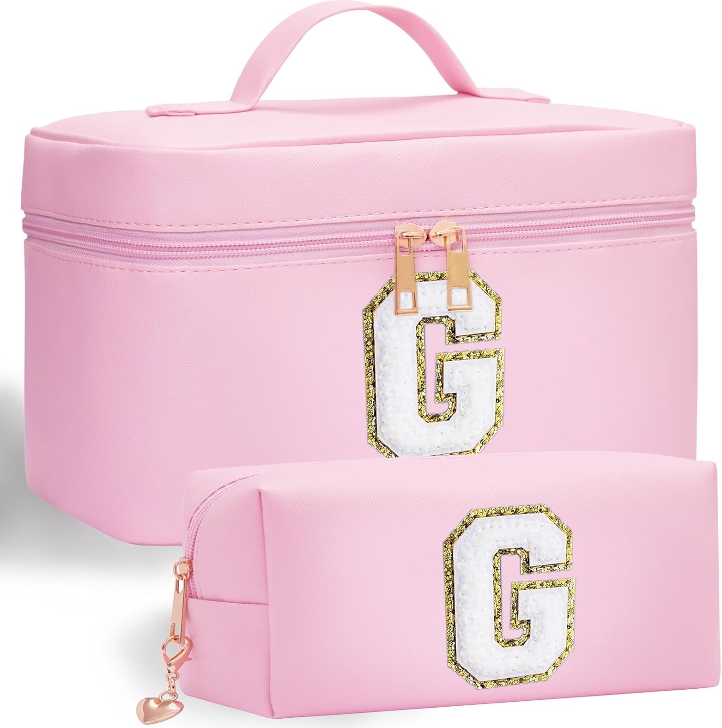 Private Label 2pcs Initial Leather Makeup Cosmetic Toiletry Bags Custom Logo Personalized Monogram Manufacturer Birthday Gifts for Girls Ages 4-12 (G)