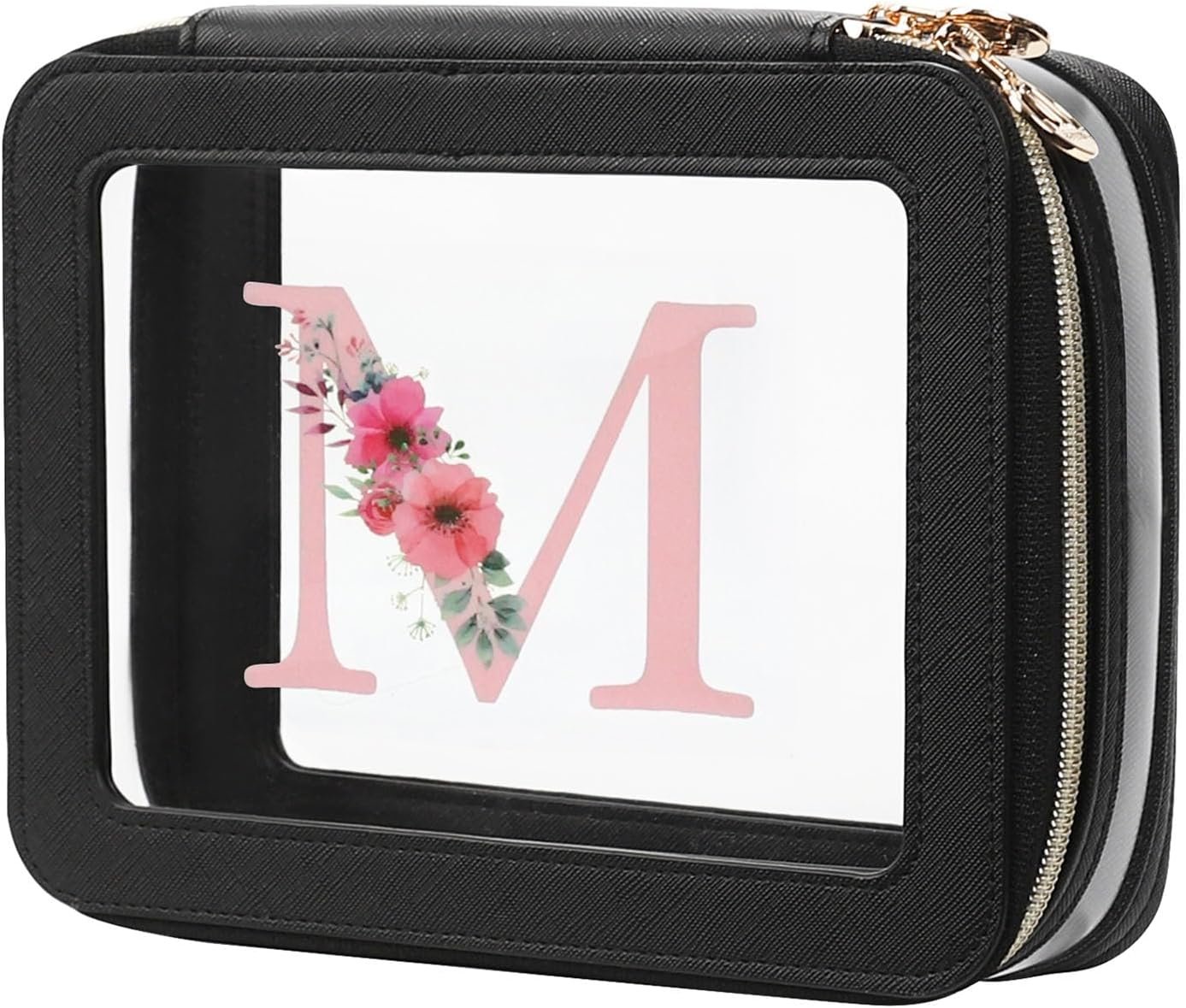 Private Label Personalized Initial Clear PU Leather Waterproof Makeup Travel Toiletry Bag with Zipper Custom Logo Portable Skincare Pouch Car Organizer Black M Manufacturer