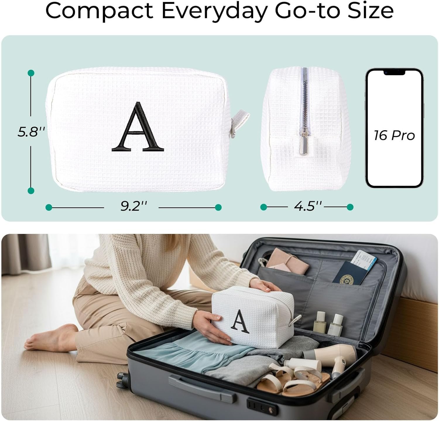 Custom Logo Personalized White Waffle Makeup Bag, Private Label Embroidered Initial Cosmetic Pouch for Women, Monogrammed Bridesmaid Gifts (A) Manufacturer