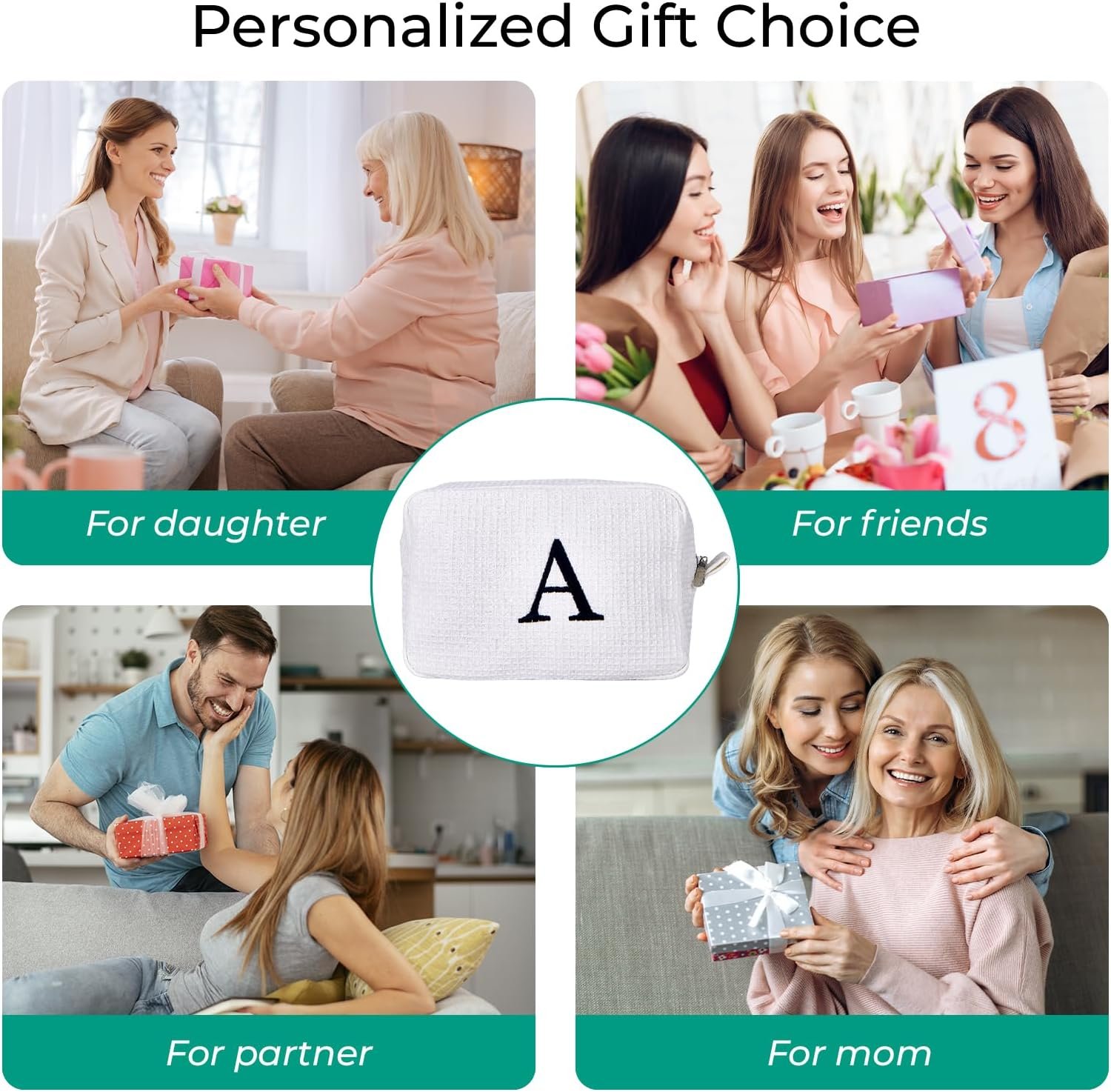 Custom Logo Personalized White Waffle Makeup Bag, Private Label Embroidered Initial Cosmetic Pouch for Women, Monogrammed Bridesmaid Gifts (A) Manufacturer