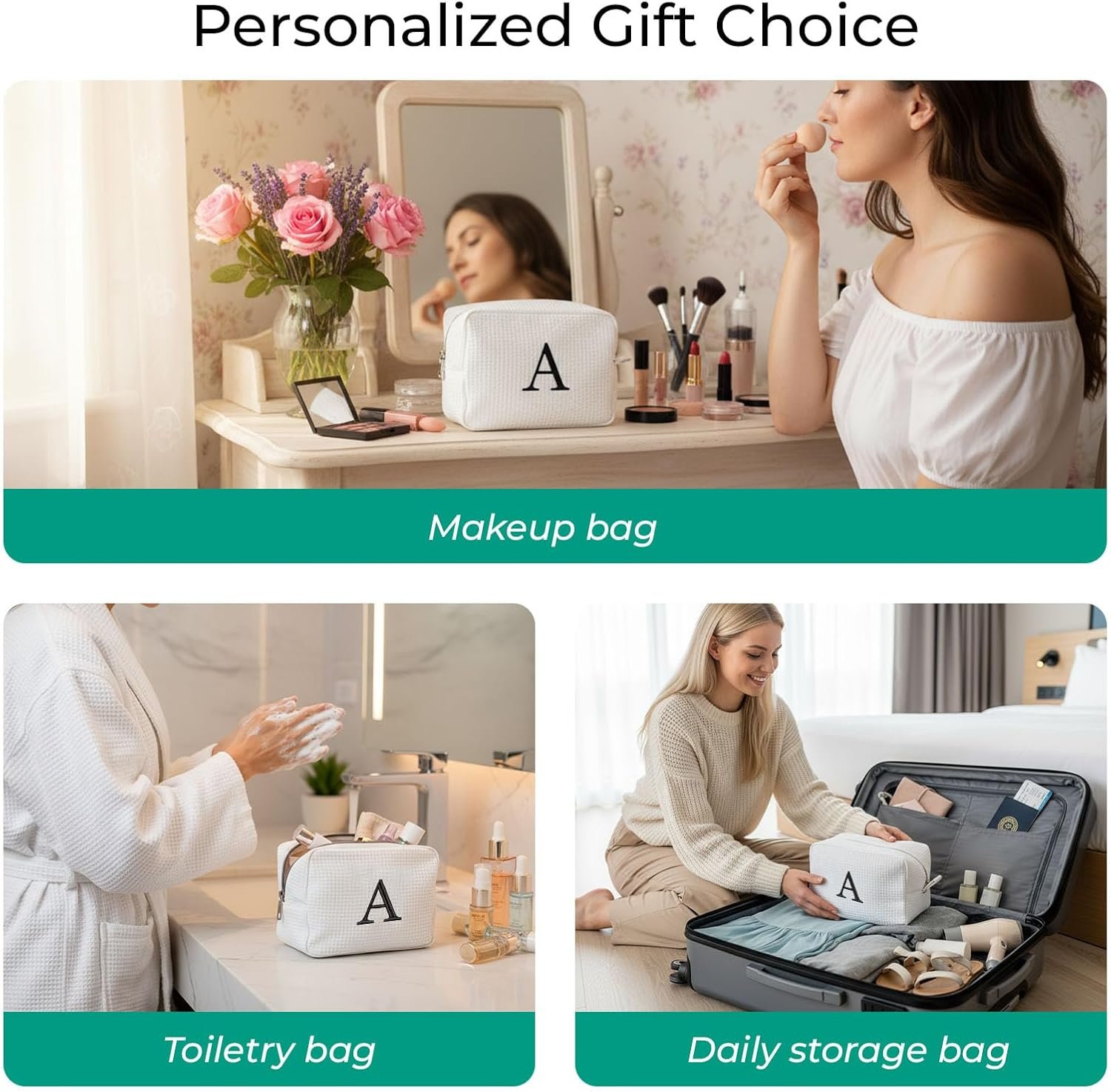 Custom Logo Personalized White Waffle Makeup Bag, Private Label Embroidered Initial Cosmetic Pouch for Women, Monogrammed Bridesmaid Gifts (A) Manufacturer