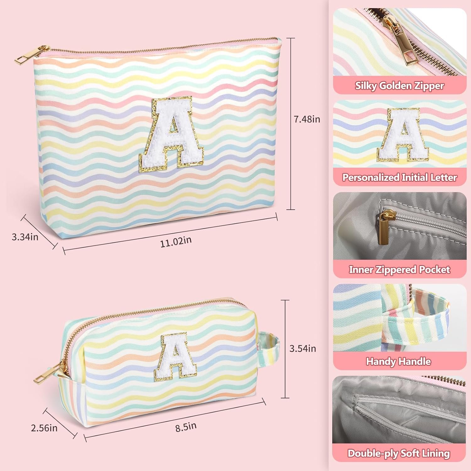 Private Label 2 Pieces Monogram Makeup Travel Bag Cosmetic Pouch Initial Toiletry Organizer for Girls Women Gifts Custom Logo Personalized Manufacturer Light Rainbow A Private Label 2 Pieces Monogram Makeup Travel Bag Cosmetic Pouch Initial Toiletry Organizer for Girls Women Gifts Custom Logo Personalized Manufacturer Light Rainbow A