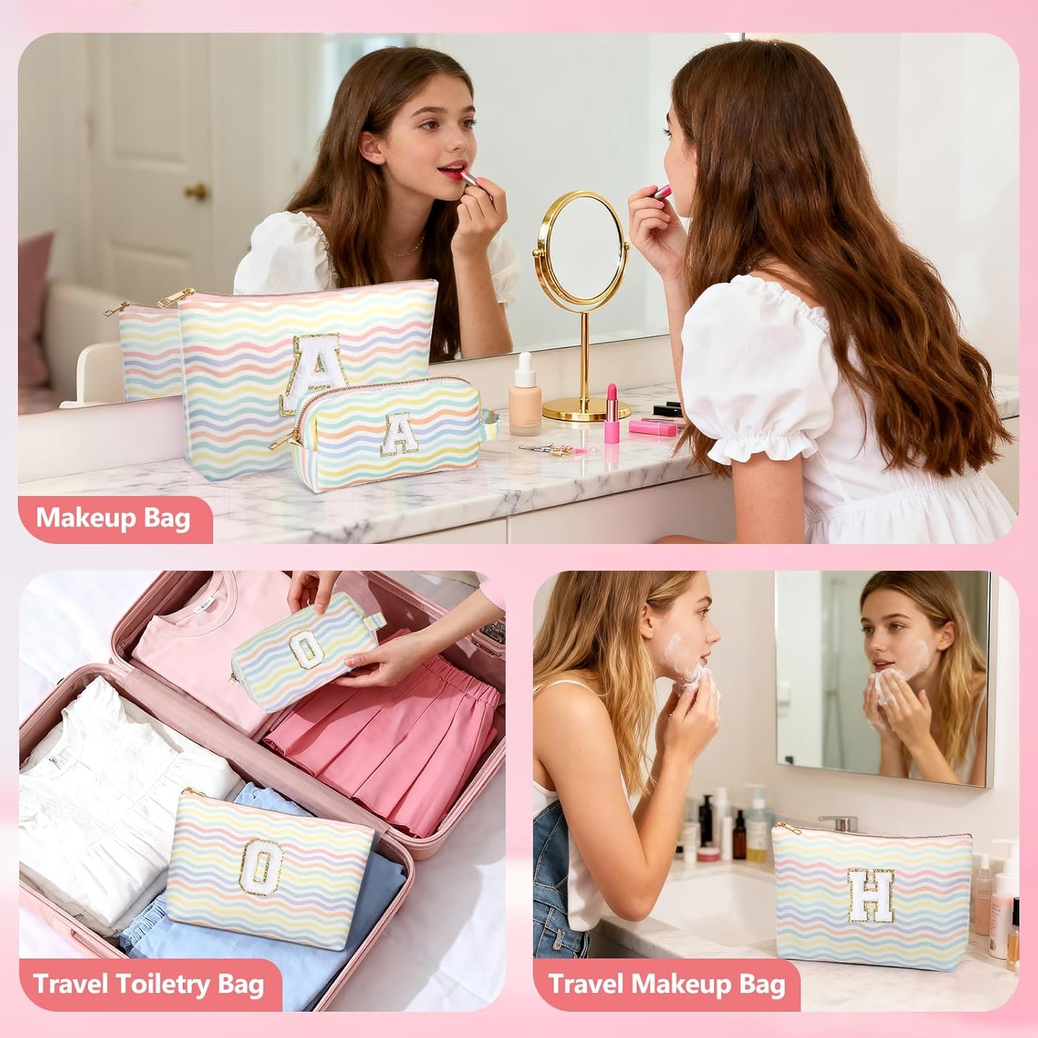 Private Label 2 Pieces Monogram Makeup Travel Bag Cosmetic Pouch Initial Toiletry Organizer for Girls Women Gifts Custom Logo Personalized Manufacturer Light Rainbow A Private Label 2 Pieces Monogram Makeup Travel Bag Cosmetic Pouch Initial Toiletry Organizer for Girls Women Gifts Custom Logo Personalized Manufacturer Light Rainbow A