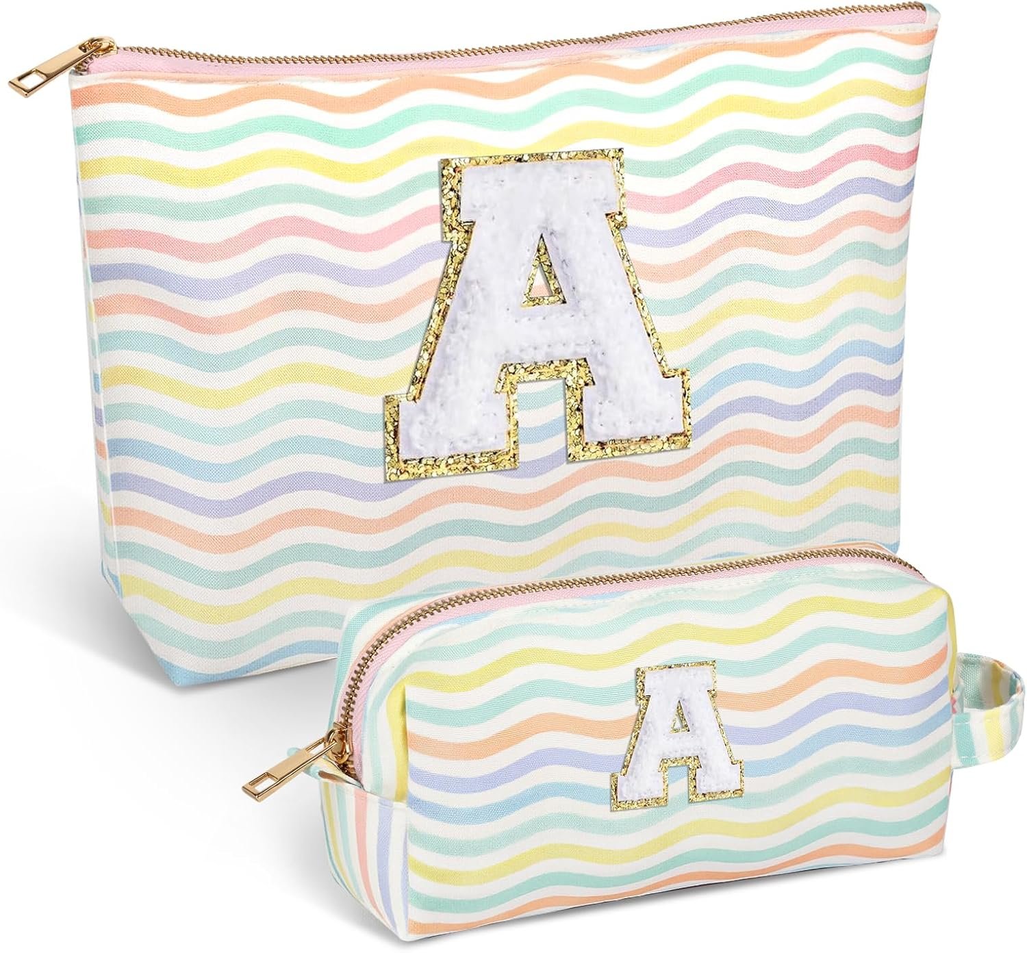 Private Label 2 Pieces Monogram Makeup Travel Bag Cosmetic Pouch Initial Toiletry Organizer for Girls Women Gifts Custom Logo Personalized Manufacturer Light Rainbow A